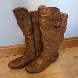 Aldo Brown Knee-High Leather Boots with Buckle Detail